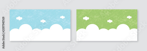 Cute white clouds on blue and green grunge textured sky banners set, abstract minimalist nature background template for kids education, website header, social media banner, and greeting card design