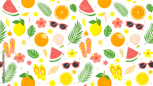 Colorful Summer Seamless Pattern with Tropical Fruits Flowers Sunglasses Flip Flops and Palm Leaves