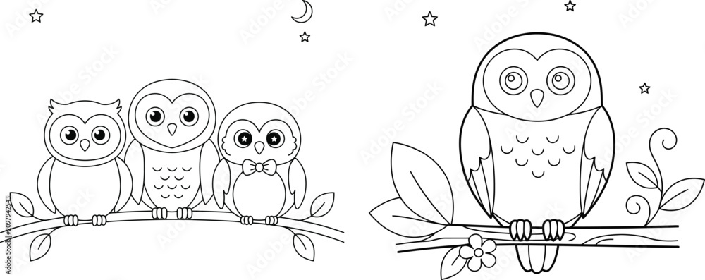 Fototapeta premium Cute Owl Family Coloring Page for Kids | Adorable Baby Owls Black and White Line Art Illustration