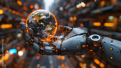 High-Detail 3D Render of Robotic Hand with Earth Hologram, Futuristic Global Network and Artificial Intelligence Concept
