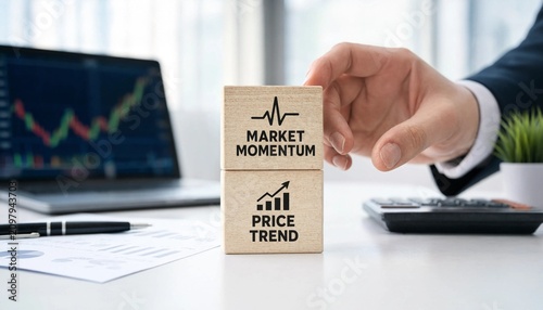 Hand holding wooden block with market momentum and price trend on desk with laptop and calculator in business office