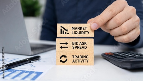 Businessman analyzing market liquidity bid ask spread and trading activity with wooden blocks on office desk with laptop and calculator  financial concepts