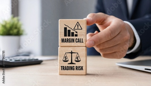 Businessman holding wooden blocks with margin call and trading risk concepts on a desk in an office  finance and investment warning symbols