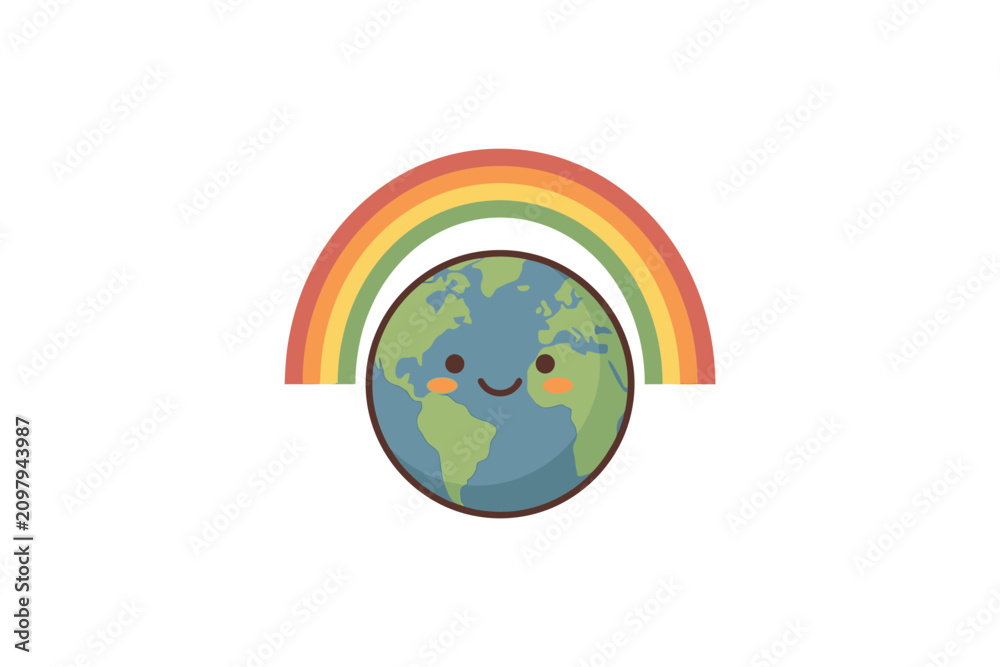 Obraz premium A cute cartoon Earth character with a smiling face positioned under a colorful rainbow.
