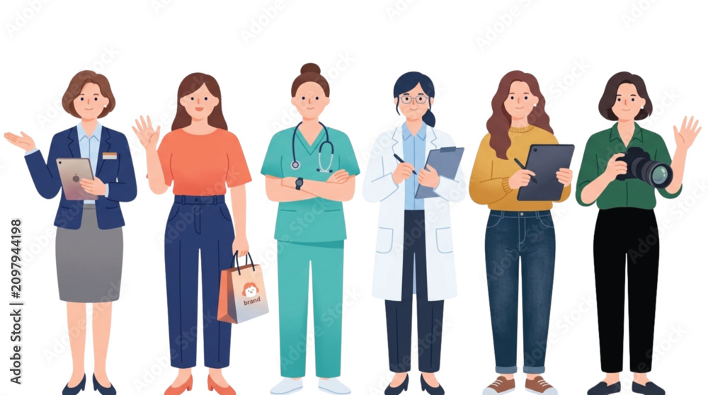 Fototapeta premium Group of Professional Women with Different Careers Illustration