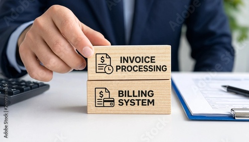 Businessman placing wooden block with invoice processing text on top of billing system block on office desk with calculator and documents