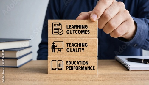 Person placing wooden blocks with education related terms on a desk with books and notebook