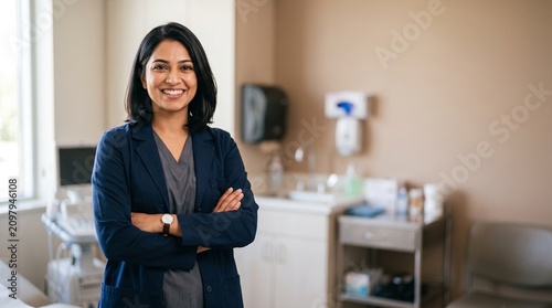 Confident Indian female healthcare administrator smiling in modern medical clinic office. Professional South Asian doctor or nurse practitioner standing with arms crossed for corporate health care.