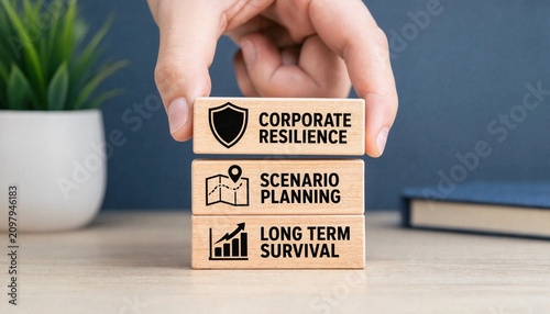Hand holding wooden blocks with corporate resilience scenario planning and long term survival on a desk with a plant and book
