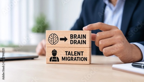 Businessman holding wooden blocks with brain drain and talent migration concept on office desk with blurred background