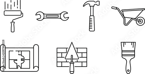 Set of construction building repair tools and masonry line icons for renovation architecture design