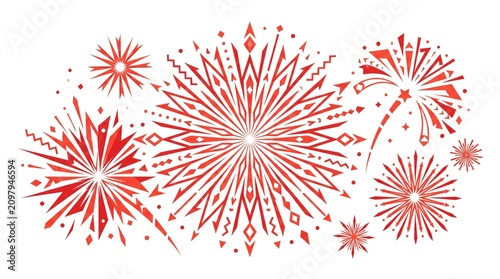 Red festive fireworks and burst graphic elements set for celebratory holiday design projects