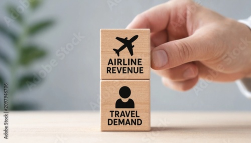 Hand holding wooden blocks with airline revenue and travel demand concepts for business and travel industry analysis and strategy planning