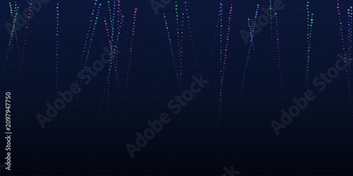 Εκτύπωση καμβά Futuristic deep blue abstract background with vertical glowing dotted lines representing magical light trails or complex digital data streams descending downwards