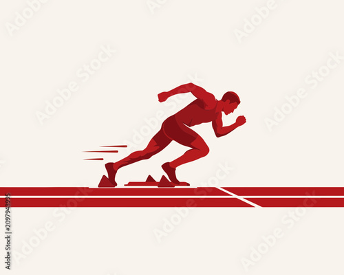 Dynamic red illustration of a male sprinter exploding from starting blocks on a running track, representing peak physical power, speed, and competitive athletic energy