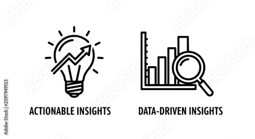 Actionable and data-driven insights icon set for business analytics and reporting with actionable insights analytics business lightbulb marketing