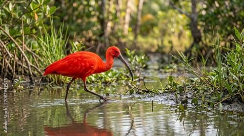 Scarlet ibis wading in wetlands. Vibrant bird exploring nature habitat. Wildlife photography of tropical bird in wetland environment