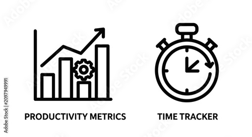 Productivity metrics bar chart and time tracker clock icons with productivity business efficiency performance analysis statistics management