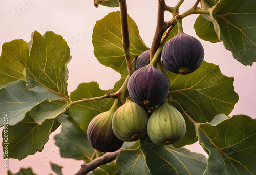 Five figs growing on fig tr...