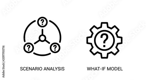 Scenario analysis and what-if model icons for strategic planning with scenario analysis planning business strategy question decision management
