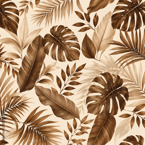 Schilderij op canvas brown tropical leaves on white background elegant pattern trendy ethnic wear ide