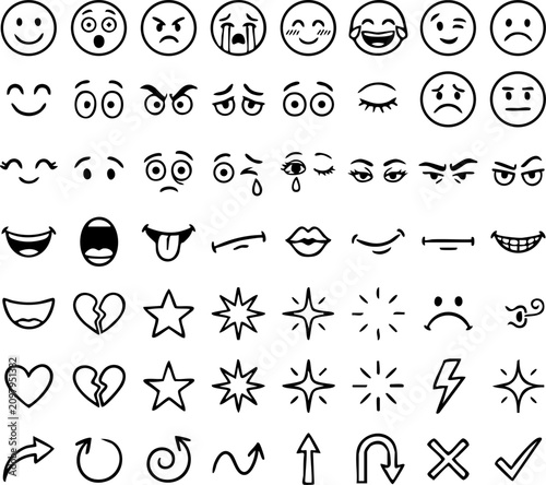 Set of hand drawn doodle emoji icons facial expressions and graphic design elements with emotions, handdrawn