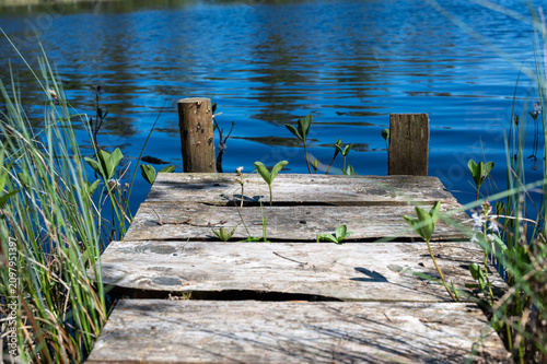 Canvas Print Part of a wooden boardwalk with green plants and blue lake water