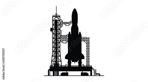 Space shuttle with launch tower depicted as a black silhouette against white background