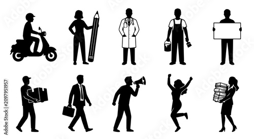 Photos 70 Diverse Professional Silhouettes, 10 Icons Set: Delivery, Artist, Doctor, Pai