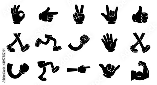 70 Cartoon Hand Gestures and Body Parts Vector Icons Set, Fun Expressive Poses and Actions Collection, Black Silhouette Graphics for Animation and Design 100