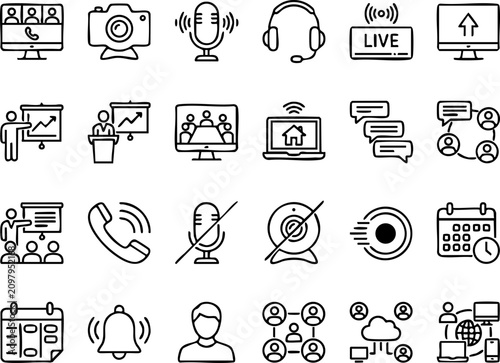 Remote work and digital communication line icons with communication conference connection collaboration