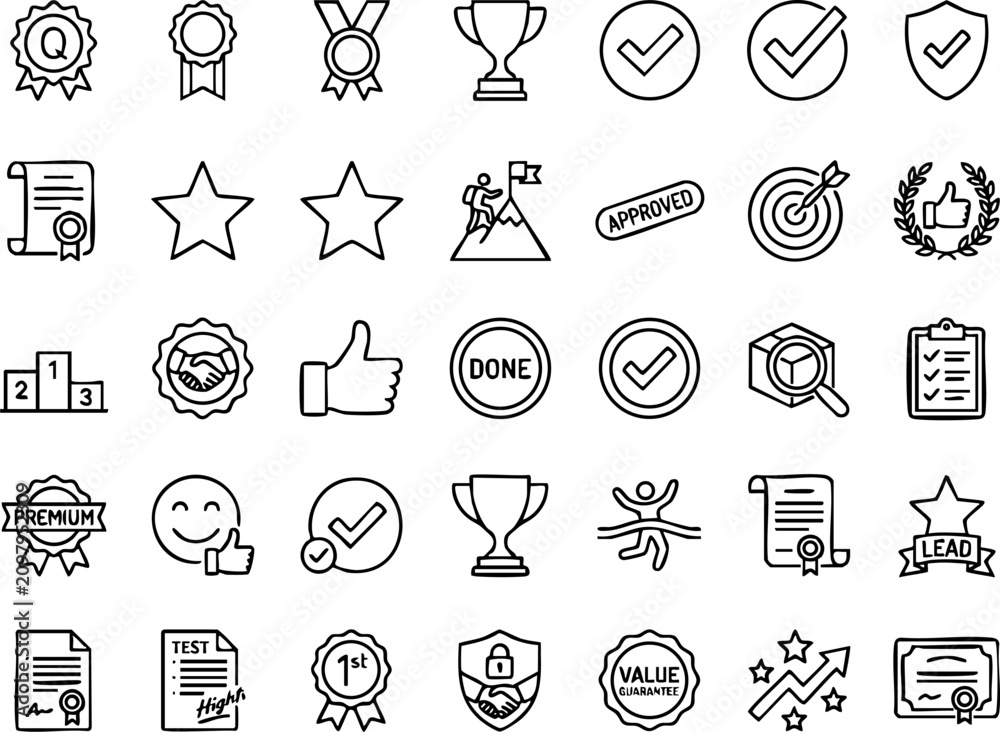 Fototapeta premium Achievement and award icons set for business success and victory with achievement business certificate