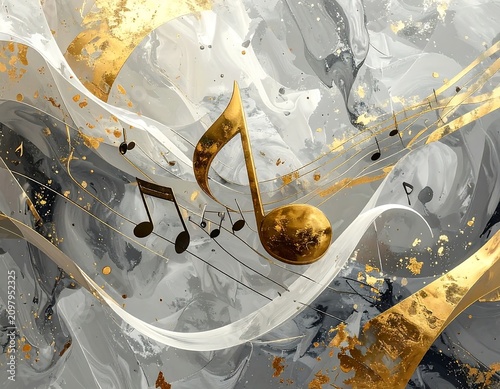 A golden musical note on a gray and white abstract background with gold accents