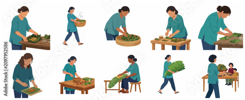 Flat illustration set of women preparing, cooking, and serving traditional Asian food wrapped in banana leaves