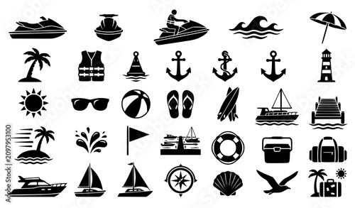 Jet Ski and Beach Recreation Silhouette Icon Set Vector