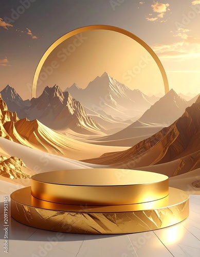 A golden podium in a desert landscape with mountains and a circular structure