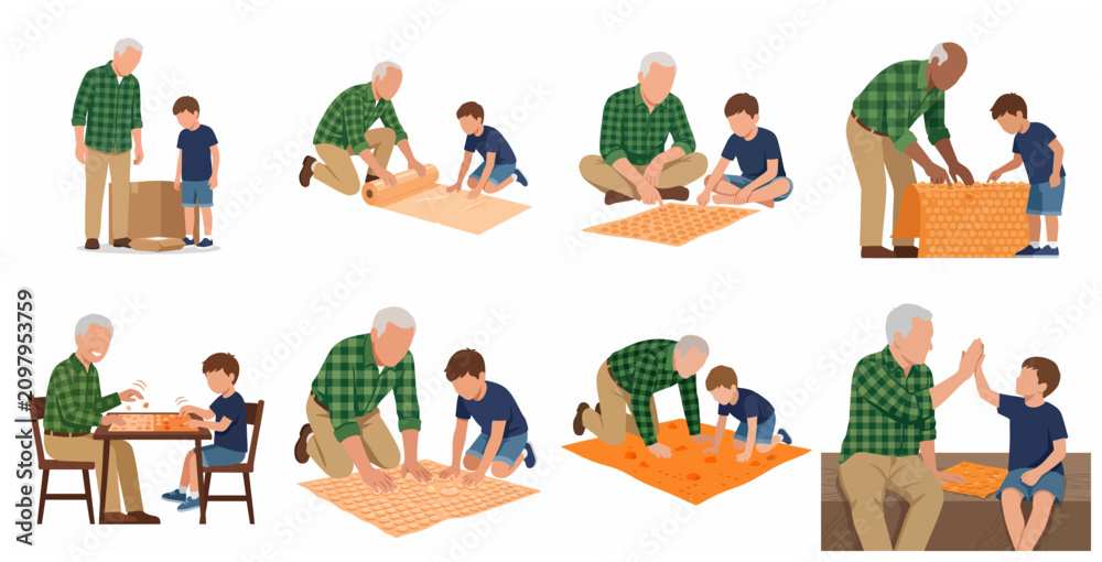 Fototapeta premium Grandfather and grandson bonding while playing and popping bubble wrap together vector illustration set