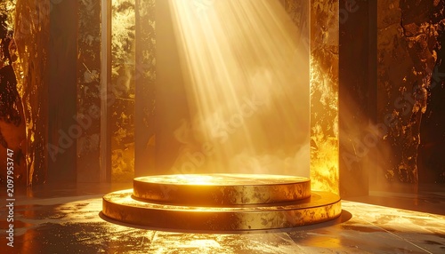A golden podium with steps and pillars in a dimly lit room with sunlight