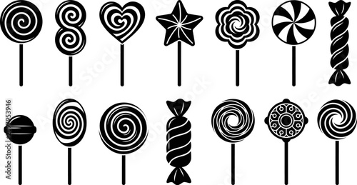 Set of black silhouette lollipop and candy icons with various round heart star and swirl shapes for sweet food design