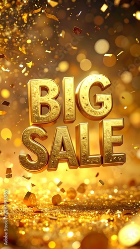 A golden promotional graphic with 'BIG SALE' text and sparkling confetti