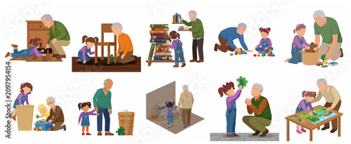 Schilderij op canvas Grandfather and Granddaughter Bond: Vector Illustration Set of Family Activities