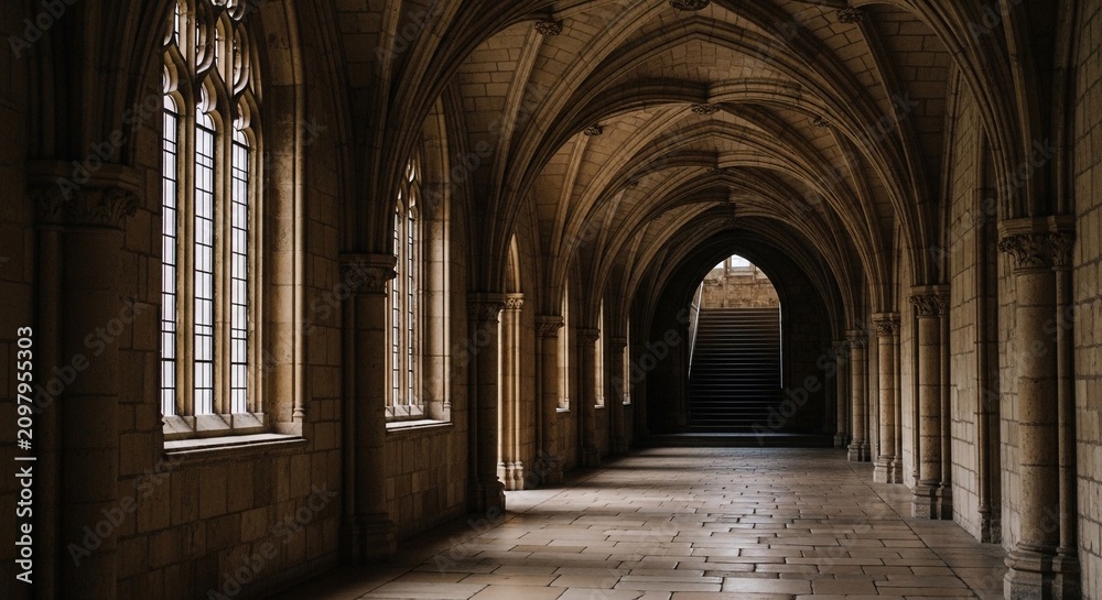 Fototapeta premium Atmospheric Gothic stone corridor with ribbed vaulted ceilings and arched windows in a historic cathedral