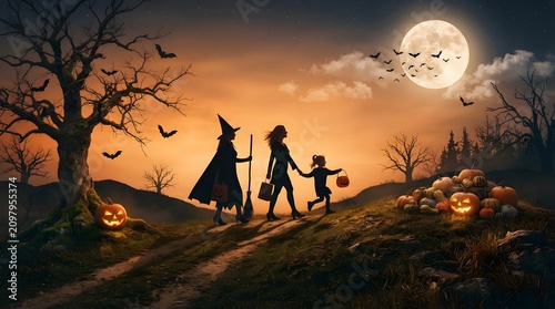 Spooky halloween pumpkin border witch and children trick or treating scene