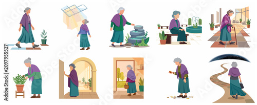 Tableau sur toile Flat vector illustration set of an elderly woman engaged in various daily activi