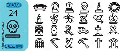 Fotografie Death and Funeral Line Icons Set with Coffin Cemetery Cross Memorial and Remembr