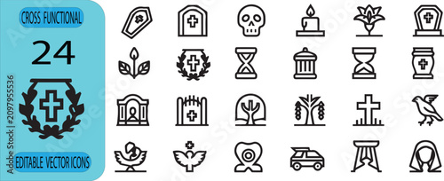 Fotografie Cross Functional Funeral and Memorial Line Icons Set with Cemetery Grave Candle