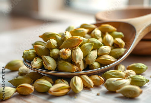 Cardamom pods in wooden spo...