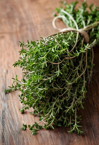 Fresh thyme bunch on wooden...