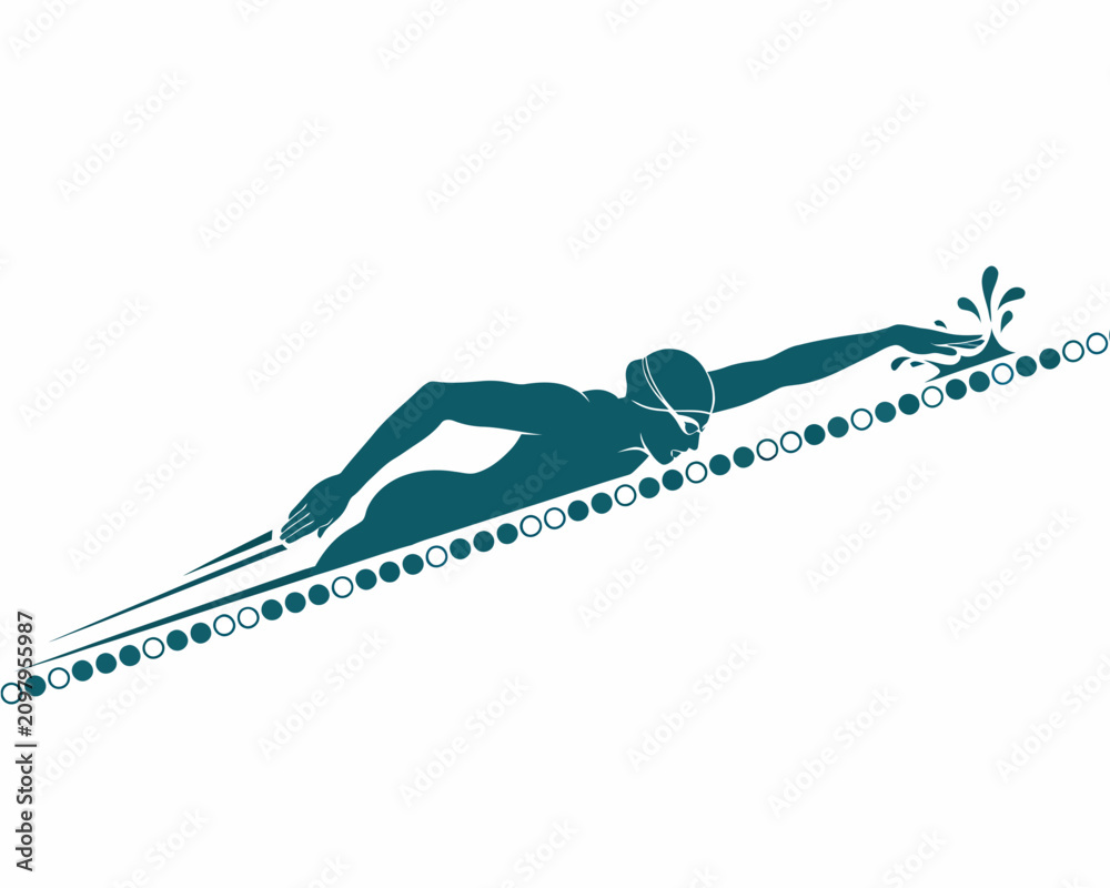 Naklejka premium Professional swimmer silhouette swimming freestyle in a pool lane with markers, teal vector art