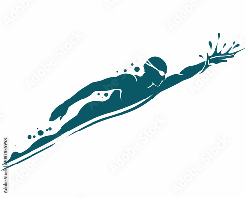 Dynamic vector silhouette of a professional swimmer diving through water with splashing effects